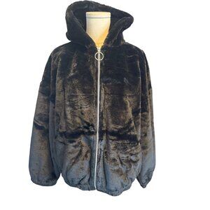 NWT Pretty Little Thing Small Faux Fur Hooded Jacket Black Plush Polyester